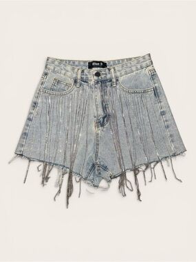 Blue B Light Wash Denim Fringe Shorts with Crystal Chain Trim